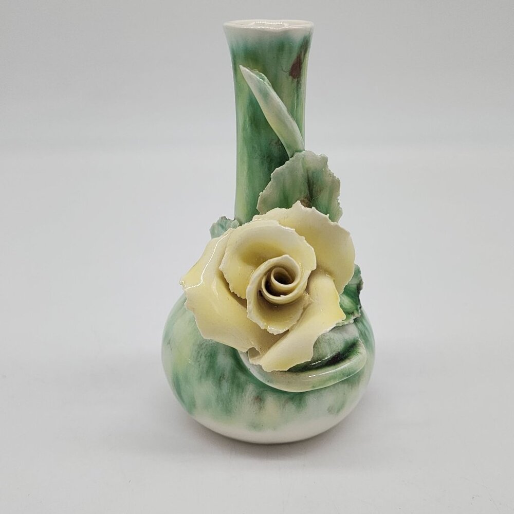 Vintage Lora Aileen Handcrafted Ceramic Vase Yellow Rose & Green Leaf Detailing